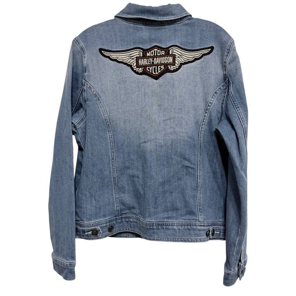 Harley Davidson Women's Denim Trucker Jacket Size Large Pockets Embroidery Patch - Picture 3 of 9